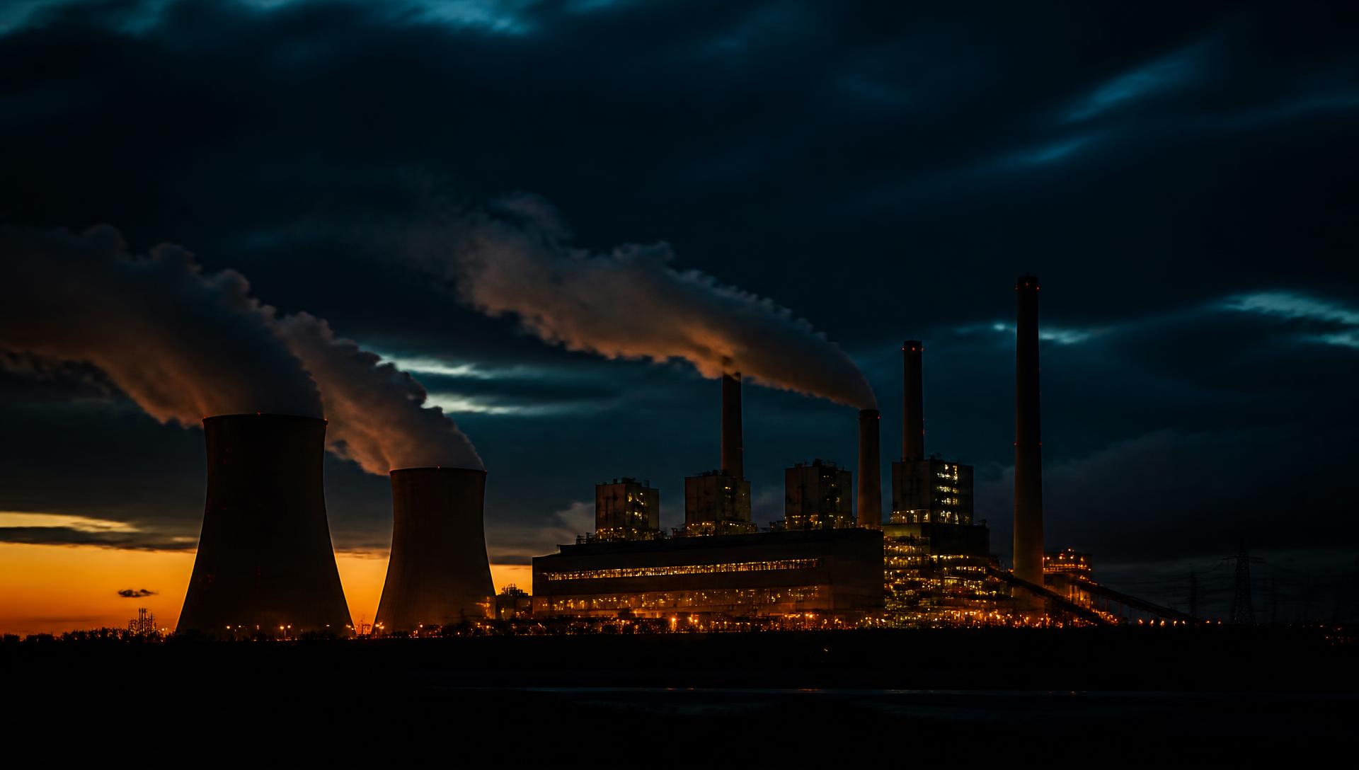 Thermal power plant with cooling towers at dusk